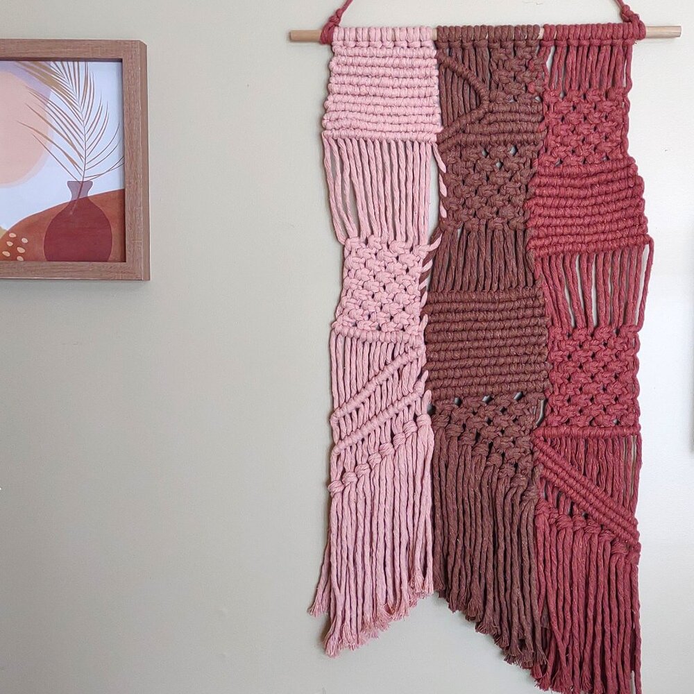 NEW! Tri-Color Boho Macrame Wall Hanging Home Decor | Pink Brown Burgundy